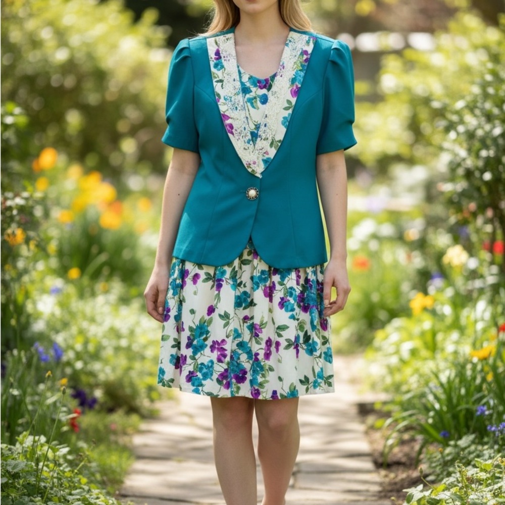 Vintage Blazer & Pleated Skirt Set Puff Sleeve Teal Floral Lace Trim collar 10